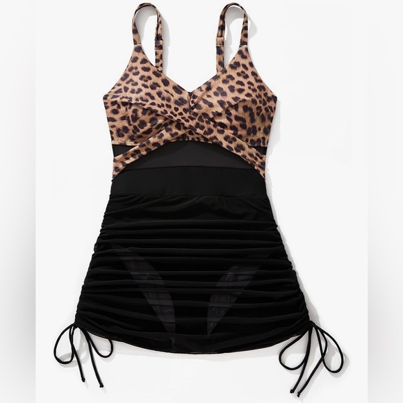 Leopard Print and Black Swimdress - Picture 6 of 9